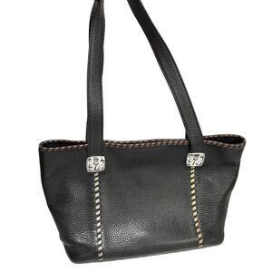 Brighton black pebbled leather shoulder bag purse gold & silver woven trim